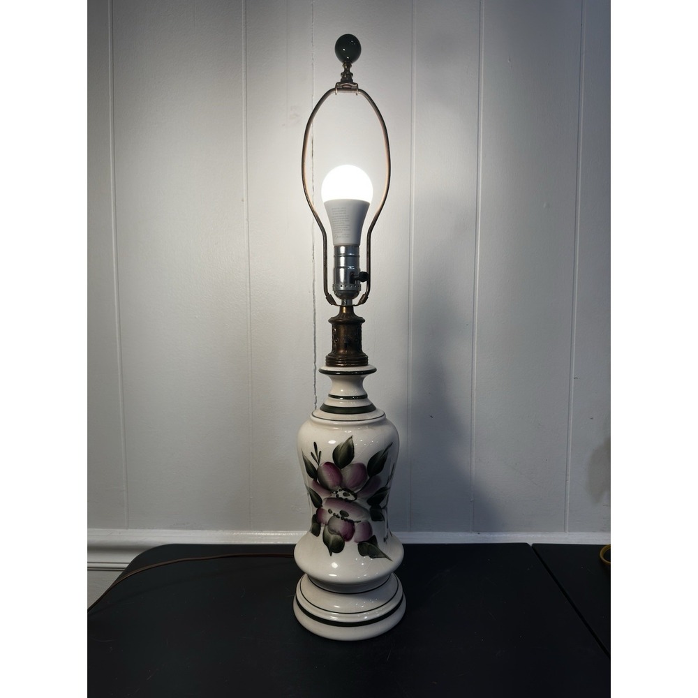 VTG Hand-Painted Crackle Ceramic Table Lamp Pink Floral Brass Hollywood Regency